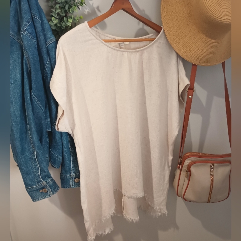 Umgee Linen Blend Boxy Fringe-Hem Tunic Minimalist Cottagecore Coastal Size M